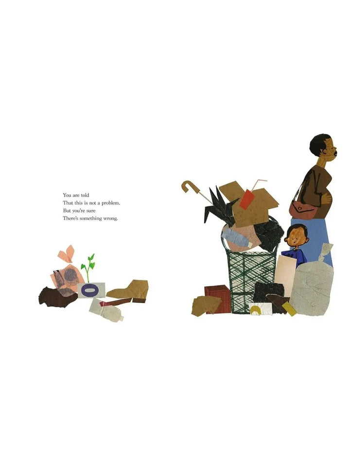 An illustration from Something, Someday by Amanda Gorman, Christian Robinson depicting a young child and a woman standing next to an overflowing trash bin while a small green sprout grows from a separate pile of litter | Twentyseven Toronto