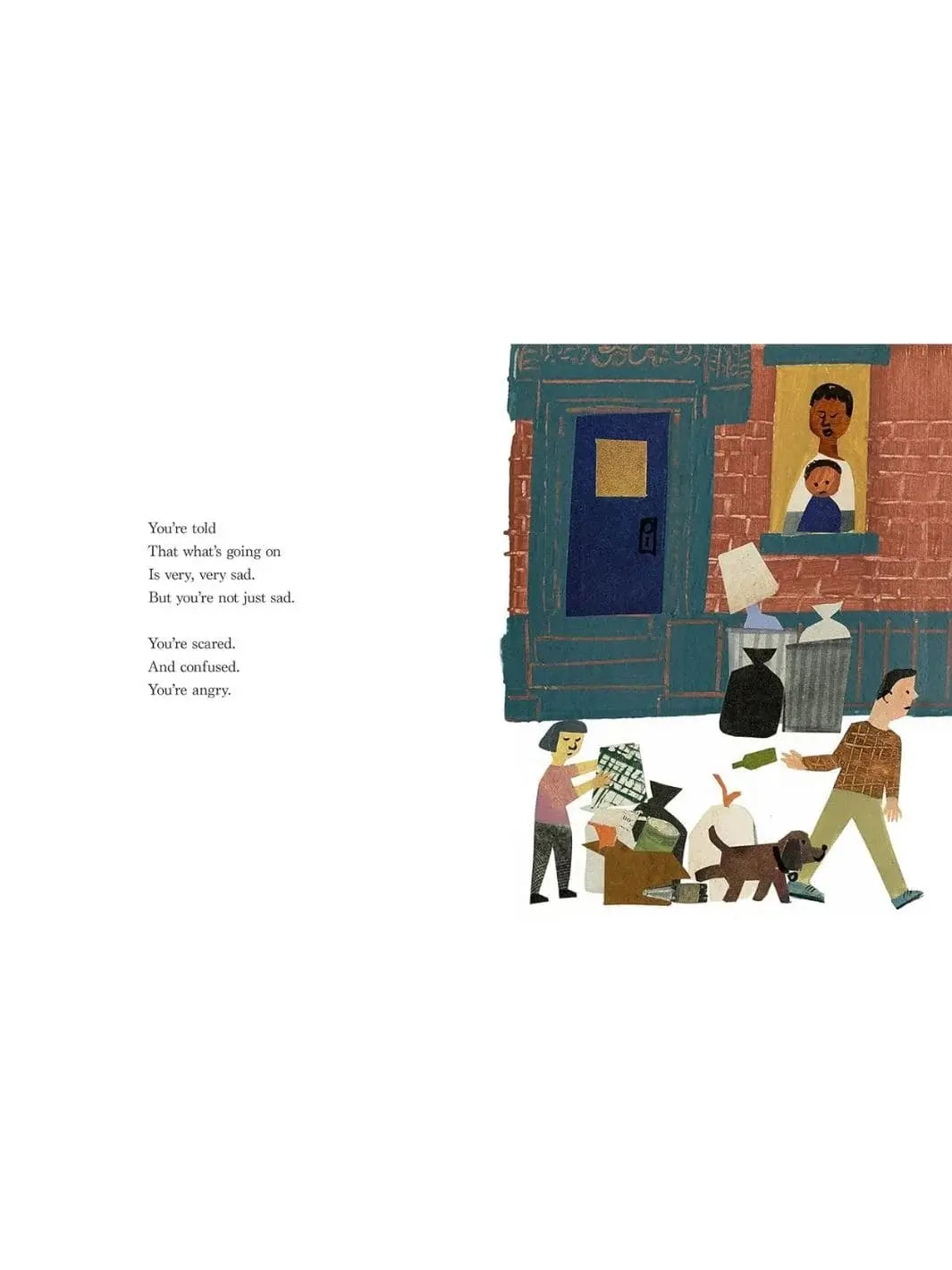 An illustration from Something, Someday by Amanda Gorman, Christian Robinson showing people walking through a littered city street outside of a brick building with a blue door | Twentyseven Toronto