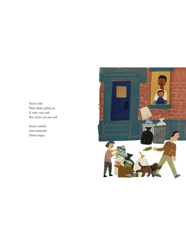 An illustration from Something, Someday by Amanda Gorman, Christian Robinson showing people walking through a littered city street outside of a brick building with a blue door | Twentyseven Toronto