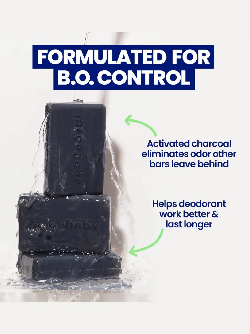 Two activated charcoal soap 'Space Bar' from Megababe with text about odour control and benefits | Twentyseven Toronto