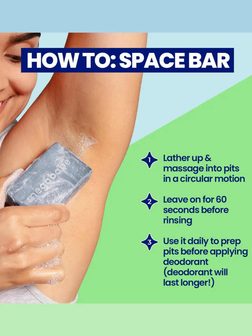 Person using a 'Space Bar' soap on their underarms with text instructions on a blue and green background | Twentyseven Toronto