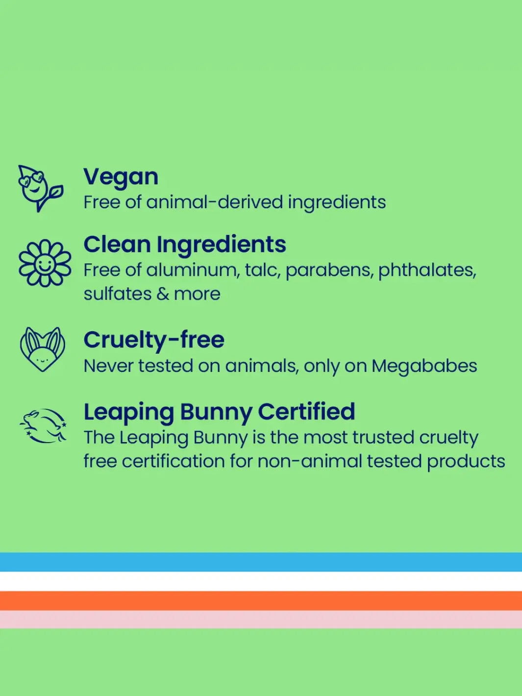 Certification labels for vegan, clean ingredients, cruelty-free, and Leaping Bunny Certified for Megababe Space Bar on a green background | Twentyseven Toronto