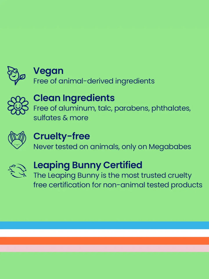 Certification labels for vegan, clean ingredients, cruelty-free, and Leaping Bunny Certified for Megababe Space Bar on a green background | Twentyseven Toronto