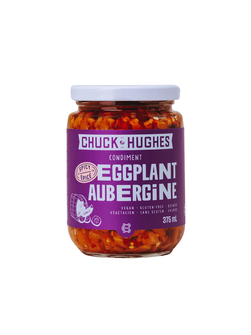 A 375 mL glass jar with a white lid containing Chuck & Hughes Spicy Eggplant condiment features a purple label reading "EGGPLANT AUBERGINE" | Twentyseven Toronto