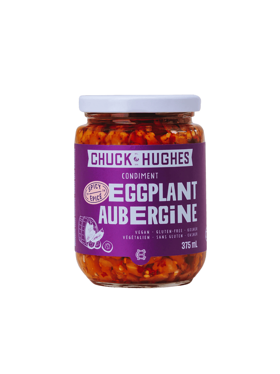 A 375 mL glass jar with a white lid containing Chuck & Hughes Spicy Eggplant condiment features a purple label reading "EGGPLANT AUBERGINE" | Twentyseven Toronto