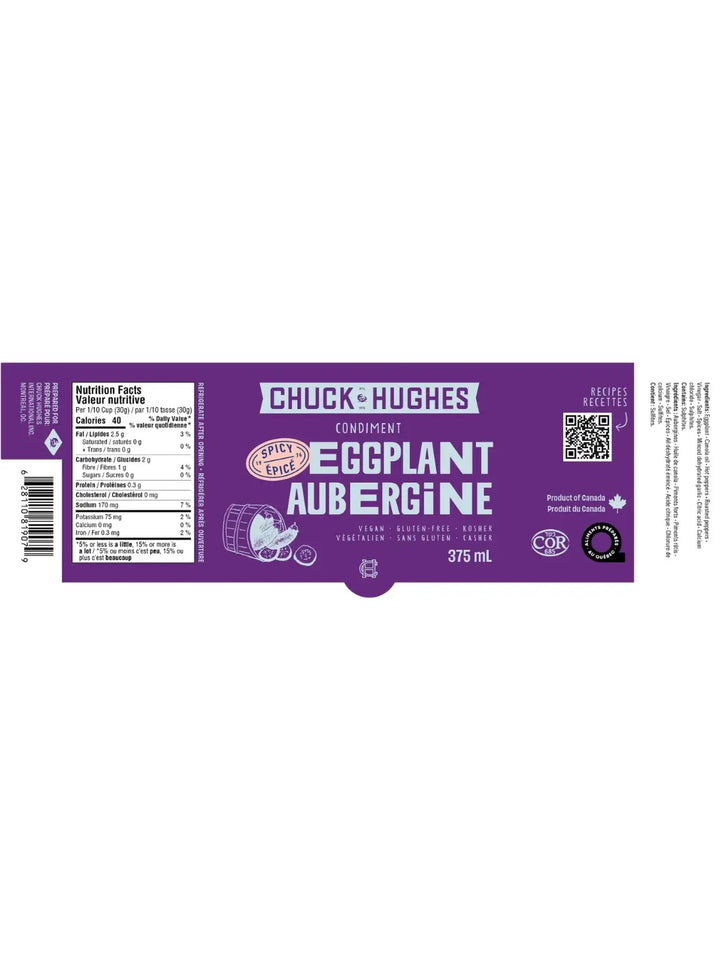 Flat product packaging label for Chuck & Hughes Spicy Eggplant condiment displays nutrition facts, an ingredients list, a barcode, and a QR code against a solid purple background | Twentyseven Toronto