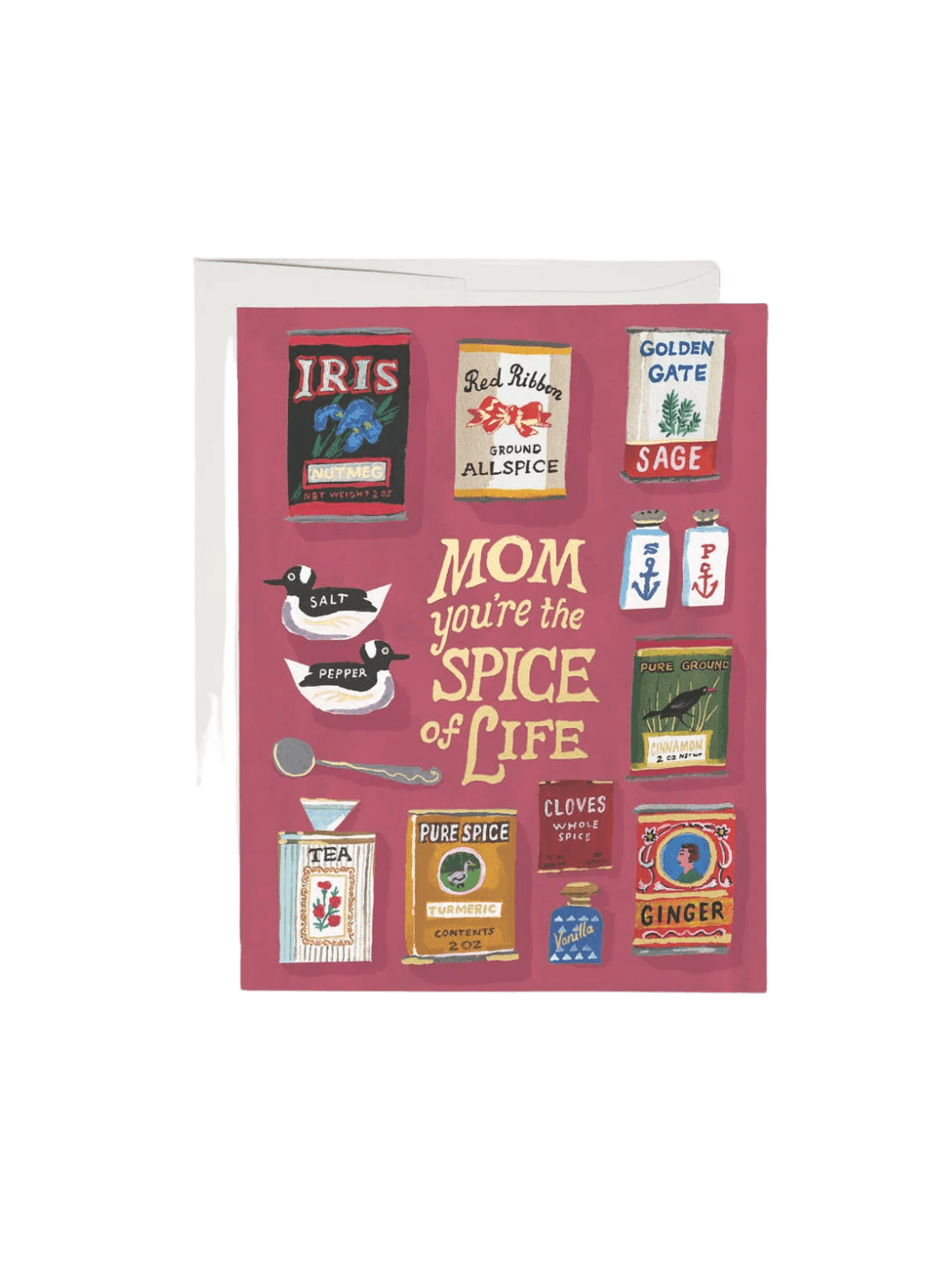 Card with spice-themed design and 'Mom you're the spice of life' text on a pink background from Red Cap Cards | Twentyseven Toronto