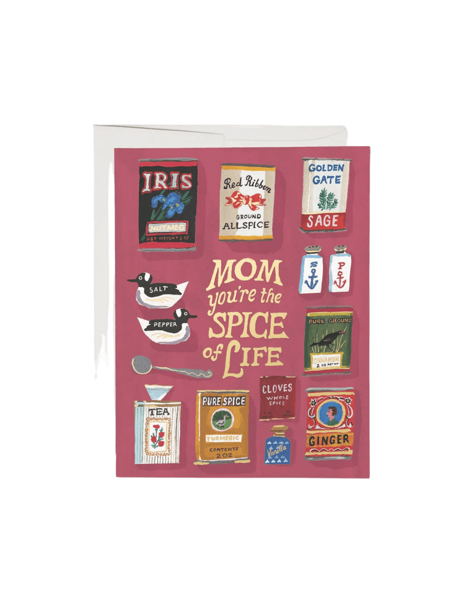 Card with spice-themed design and 'Mom you're the spice of life' text on a pink background from Red Cap Cards | Twentyseven Toronto