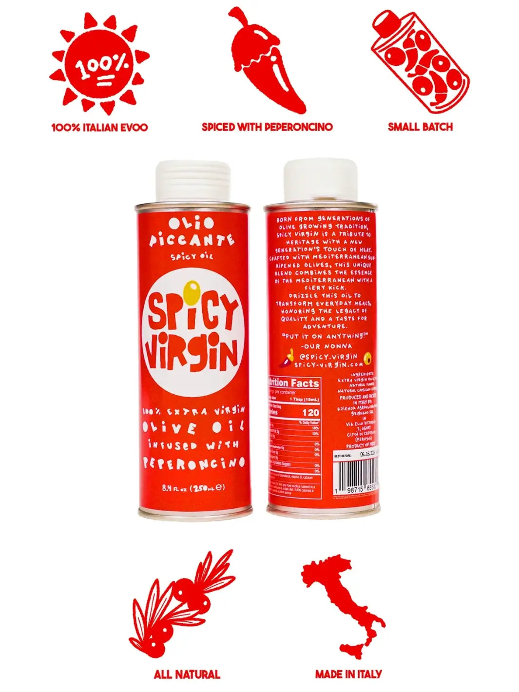 Two bottles of Spicy Virgin olive oil from Casa Virgin with branding elements on a white background | Twentyseven Toronto