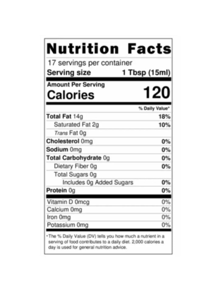 Nutrition facts label for a Casa Virgin Spicy Virgin Olive Oil with 120 calories per serving | Twentyseven Toronto