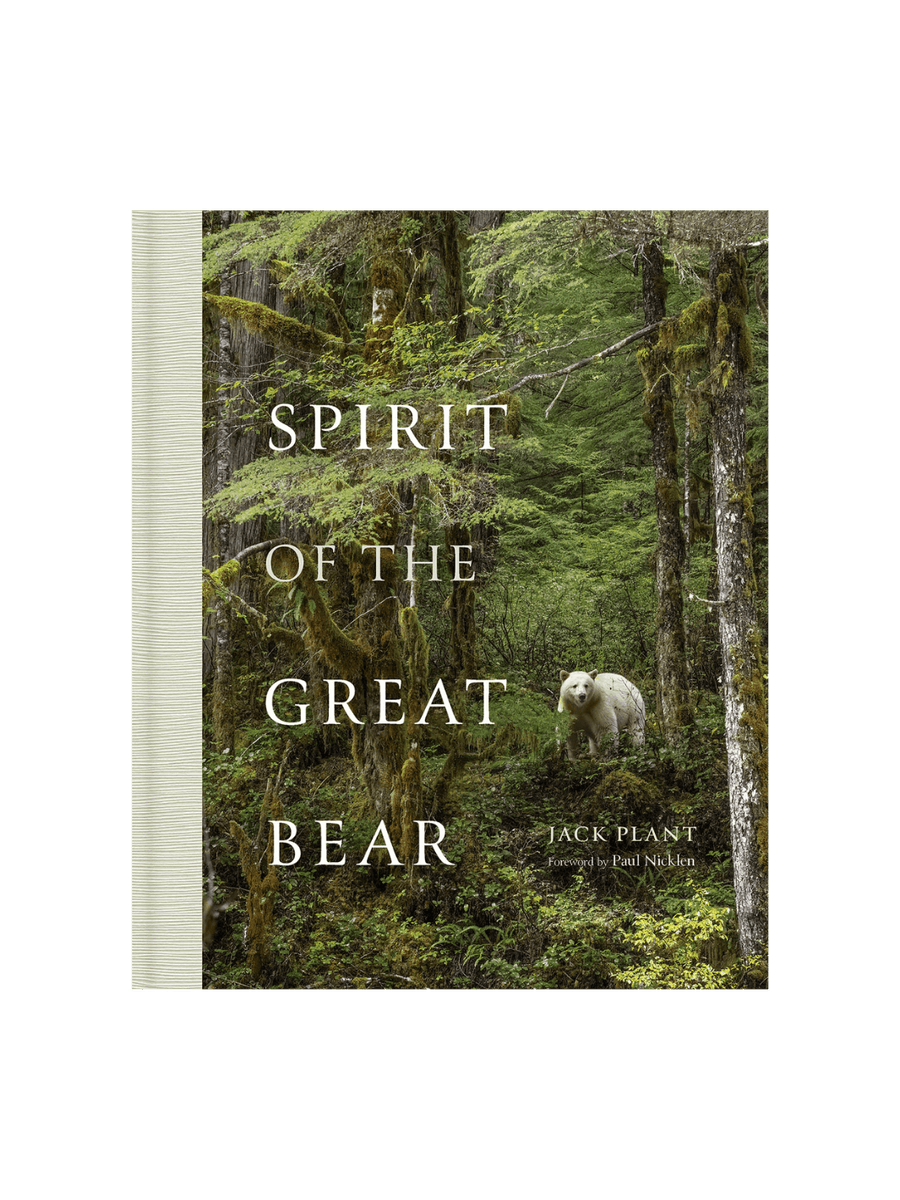 The cover of Spirit of the Great Bear by Jack Plant, featuring a white Spirit Bear standing in a mossy, old-growth rainforest | Twentyseven Toronto