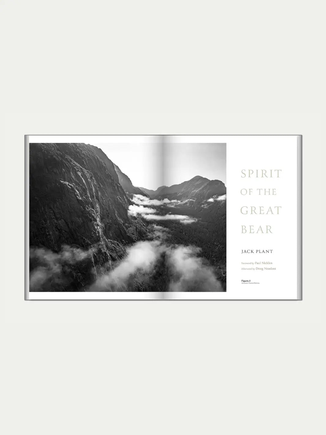 A black-and-white aerial photograph of a misty, forested mountain valley with the book title 'Spirit of the Great Bear' by Jack Plant on the facing page | Twentyseven Toronto