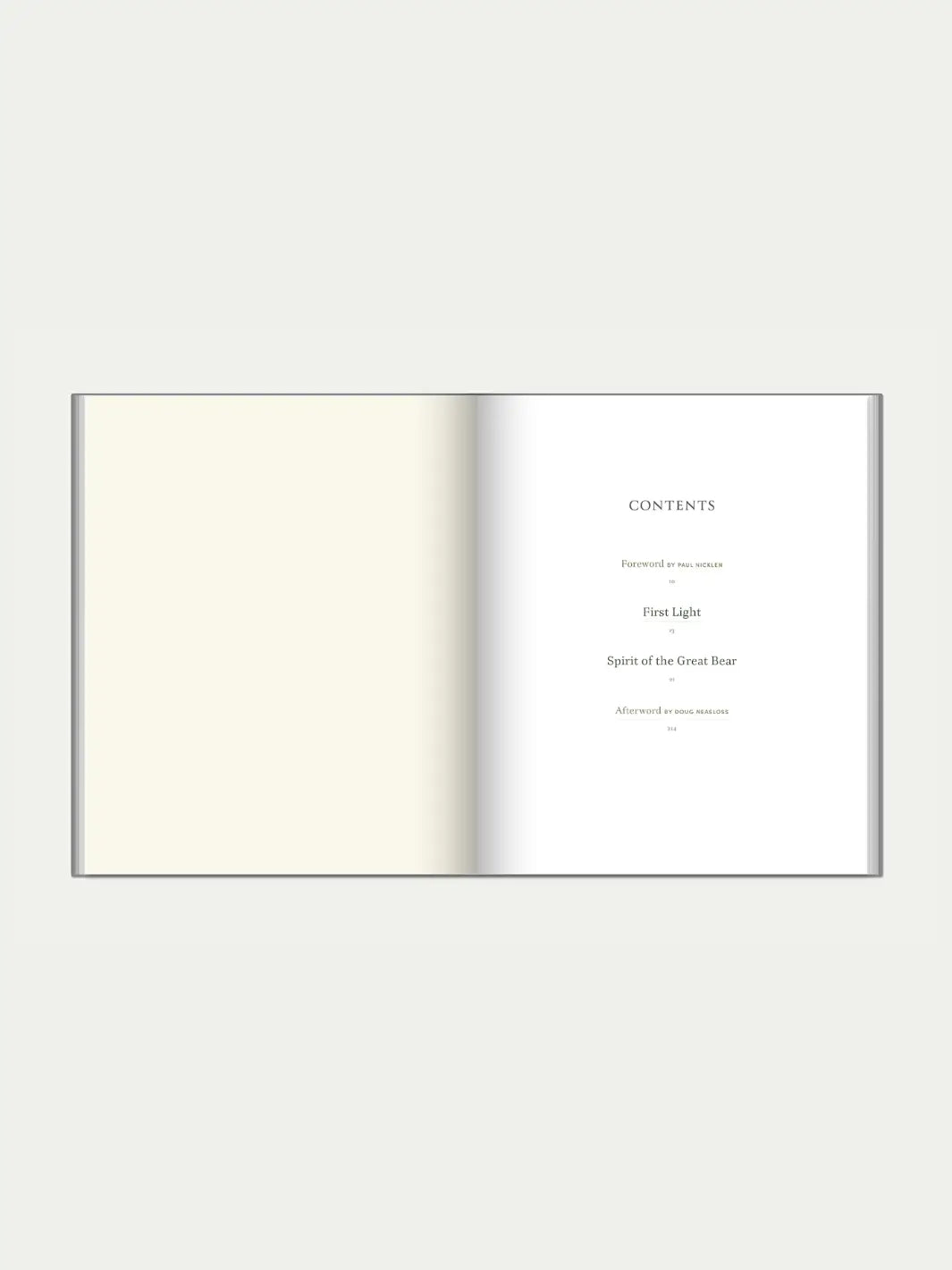 A book spread showing the table of contents with chapters including "First Light" and "Spirit of the Great Bear by Jack Plant | Twentyseven Toronto