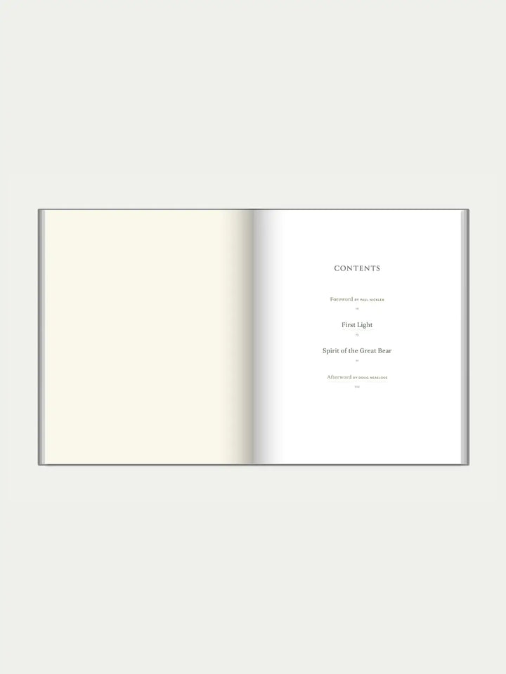 A book spread showing the table of contents with chapters including "First Light" and "Spirit of the Great Bear by Jack Plant | Twentyseven Toronto
