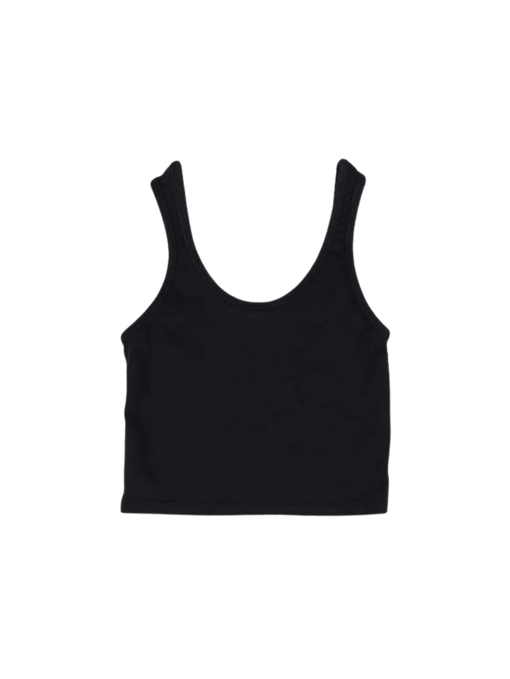 A flat lay product image displays the simple cropped silhouette, scoop neckline, and wide straps of the Jungmaven Sporty Tank - Black | Twentyseven Toronto