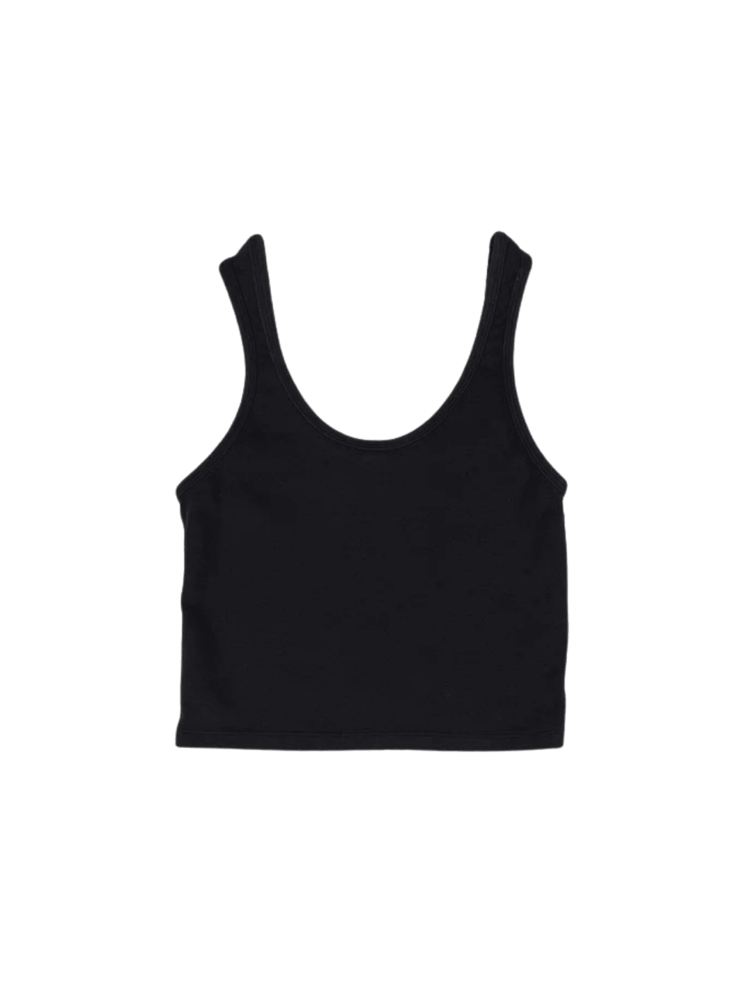 A flat lay product image displays the simple cropped silhouette, scoop neckline, and wide straps of the Jungmaven Sporty Tank - Black | Twentyseven Toronto