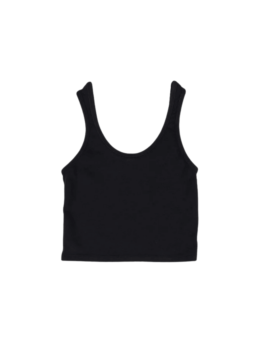 A flat lay product image displays the simple cropped silhouette, scoop neckline, and wide straps of the Jungmaven Sporty Tank - Black | Twentyseven Toronto