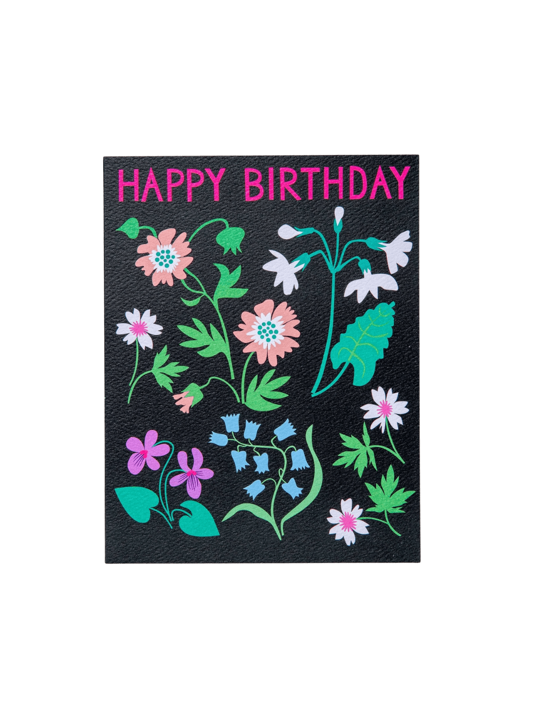 The front of the Banquet Workshop Spring Meadow Happy Birthday Note Card features the words "HAPPY BIRTHDAY" in bright neon pink above a colourful illustration of scattered wildflowers on a textured black background | Twentyseven