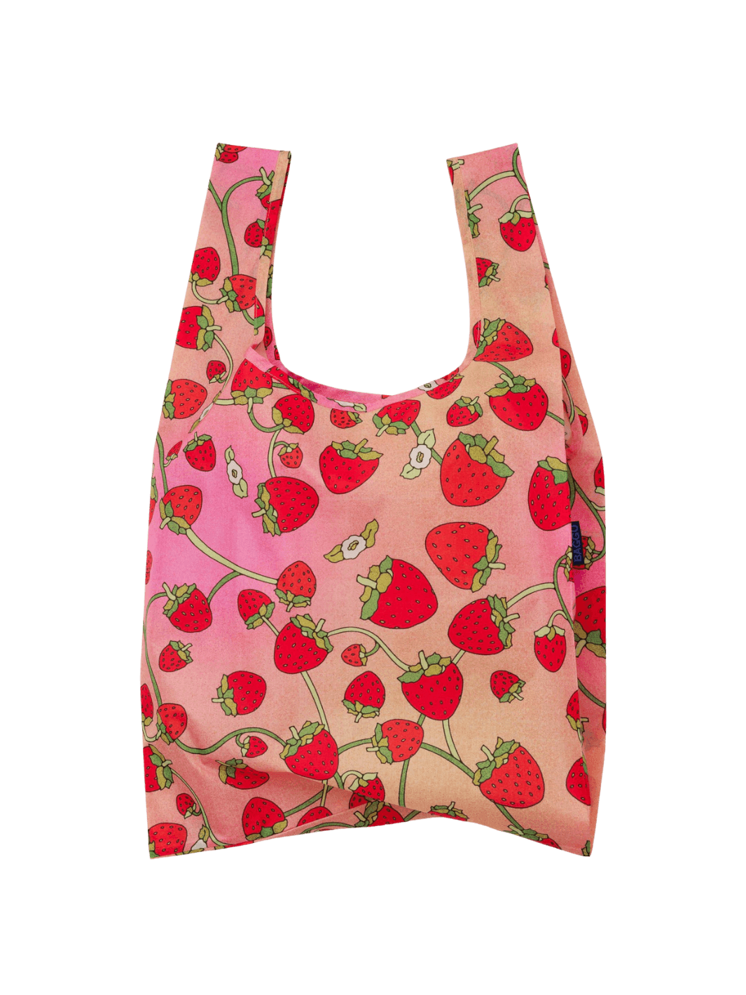 BAGGU Standard Baggu Bag in Strawberry Blossom features a pink and peach gradient background layered with an all-over red strawberry and green vine print | Twentyseven Toronto