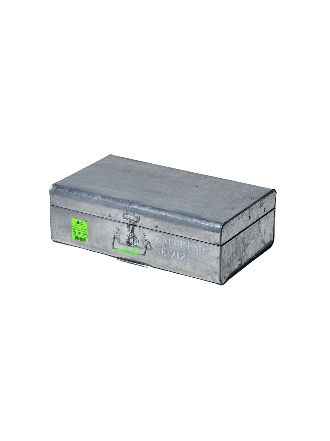 Closed Steel Trunk / 11L from Puebco, featuring its rugged latches, side handle, industrial stamping, and bright green product tag | Twentyseven Toronto