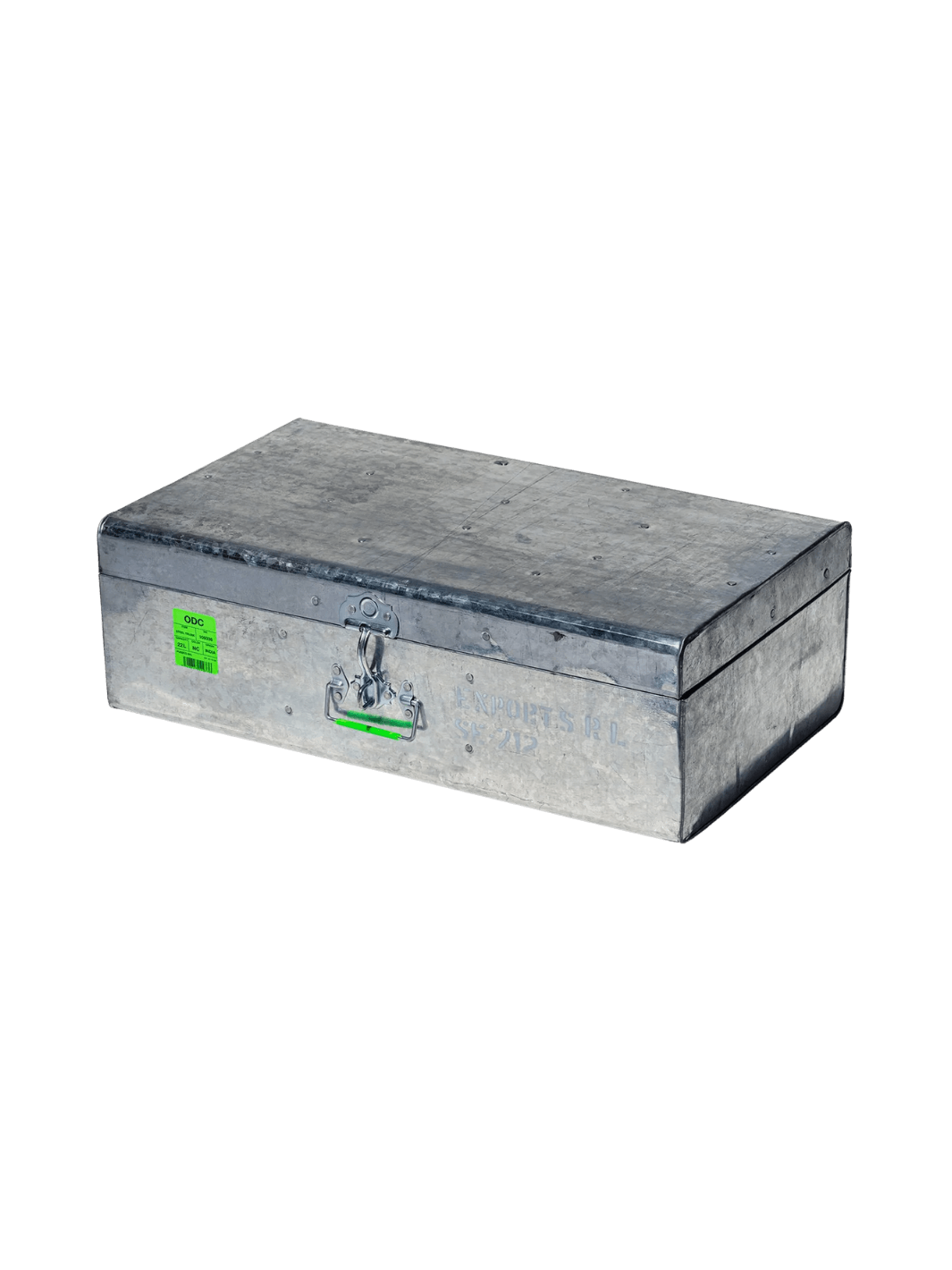 Closed Steel Trunk / 22L from Puebco, showcasing its industrial galvanized steel build, secure front latch, and bright green product label | Twentyseven Toronto