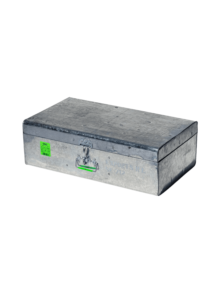 Closed Steel Trunk / 22L from Puebco, showcasing its industrial galvanized steel build, secure front latch, and bright green product label | Twentyseven Toronto