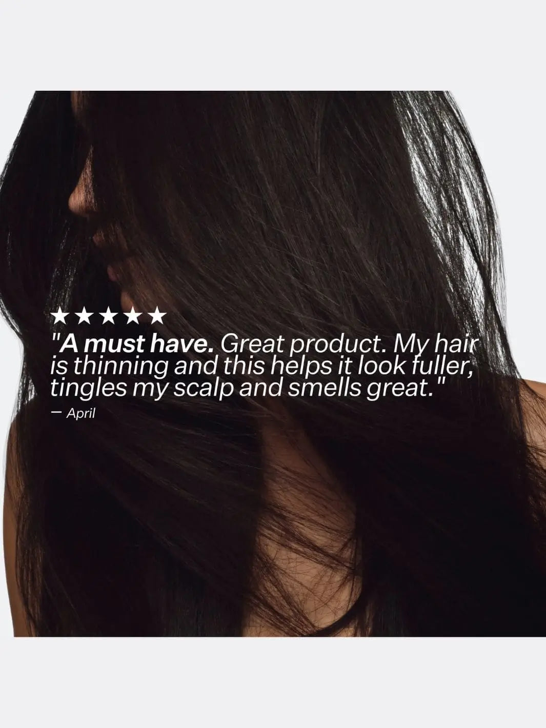 Person with long dark hair and a five-star review text overlay for Act+Acre Stem Cell Peptide Serum on a white background | Twentyseven Toronto