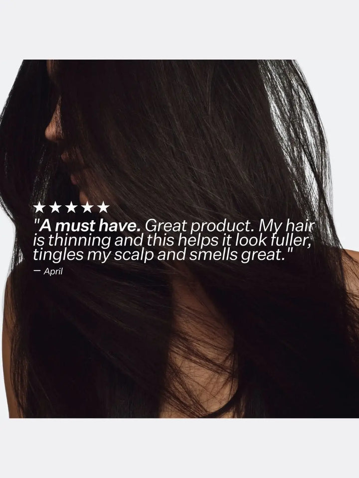 Person with long dark hair and a five-star review text overlay for Act+Acre Stem Cell Peptide Serum on a white background | Twentyseven Toronto