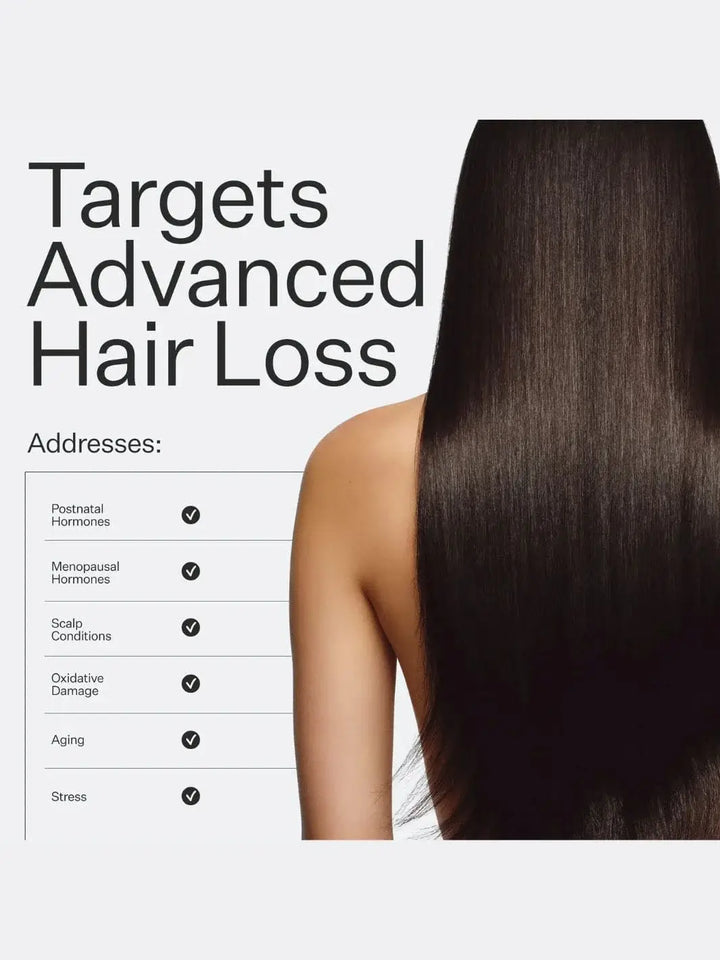 Graphic for Act+Acre Stem Cell Peptide Serum targeting advanced hair loss with a person with long, straight hair | Twentyseven Toronto