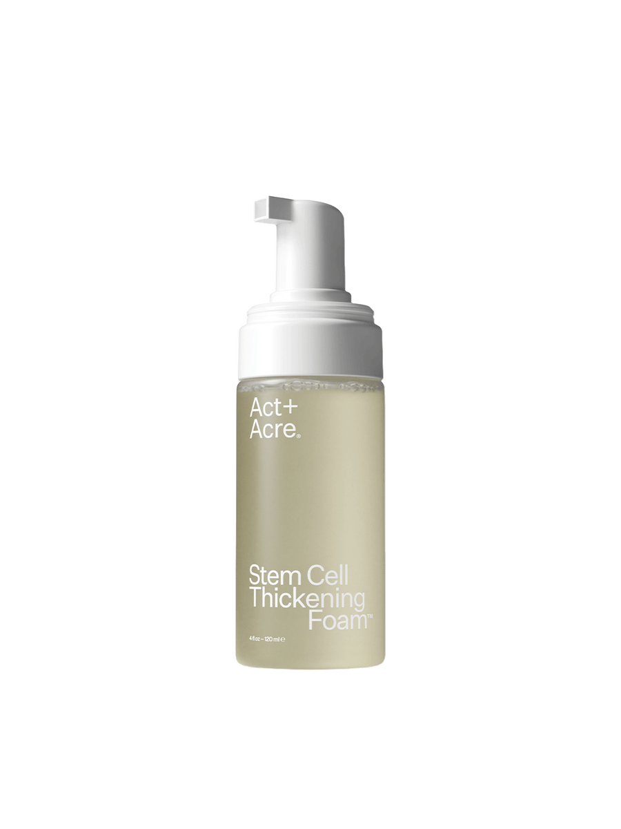 Act+Acre Stem Cell Thickening Foam in a 4 oz pump bottle, a lightweight styling foam for volume and fuller-looking hair | Twentyseven Toronto