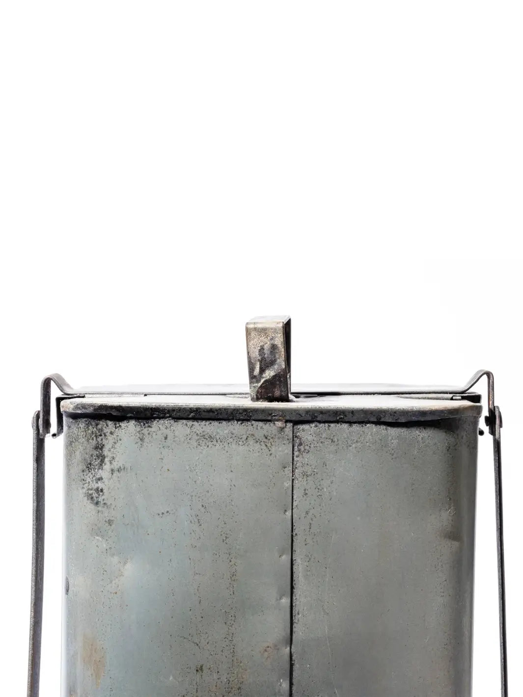 Detailed shot focuses on the industrial rear hinge mechanism, central top handle, and rustic seamed construction of the Step Trash Can - Natural from Puebco | Twentyseven Toronto