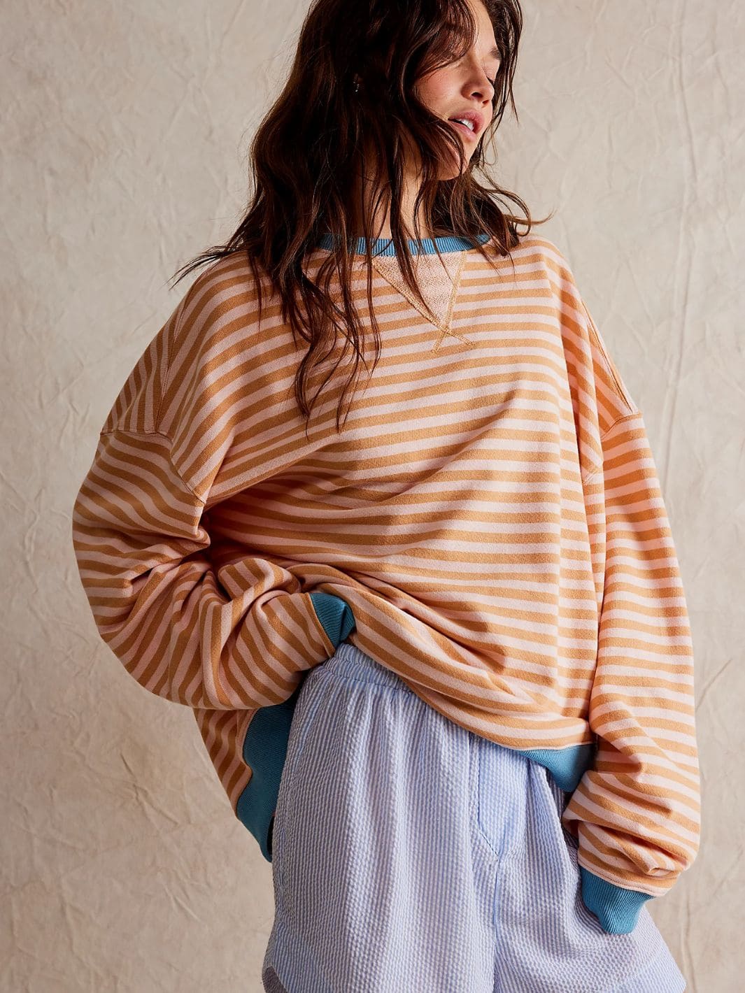 Twentyseven - Free People Classic Striped Oversized Crewneck - Latte Combo