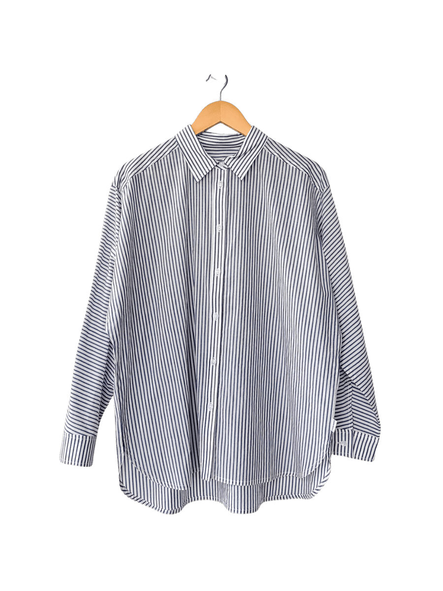 Striped 'Light Weight Owen Shirt' in Denim Stripe On White from Le Bon Shoppe on a hanger | Twentyseven Toronto