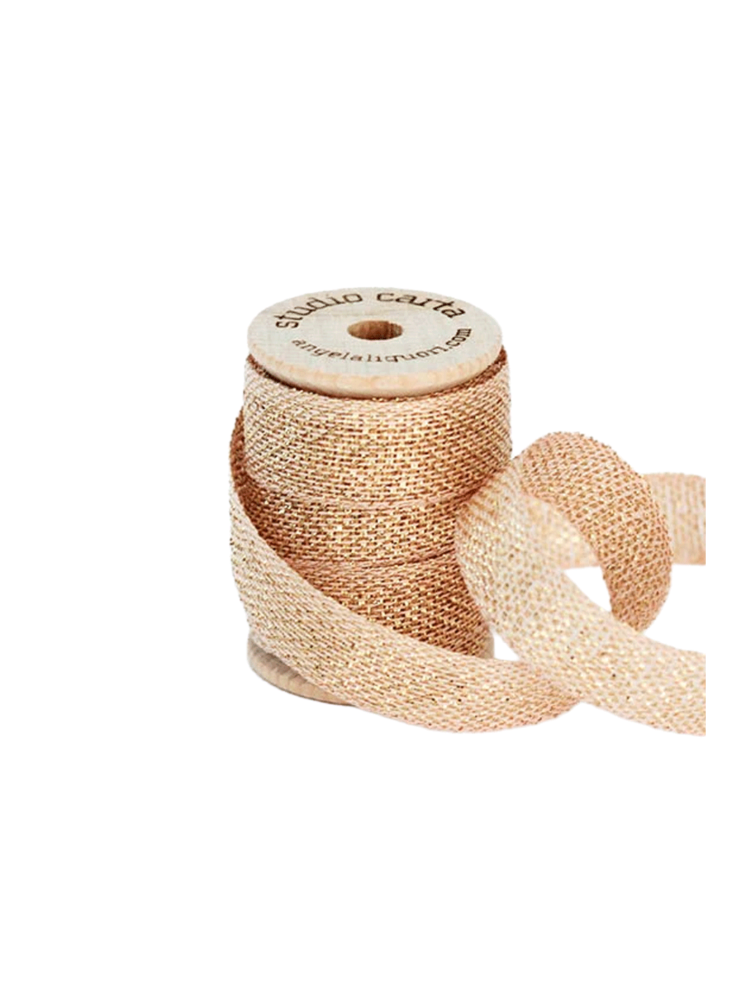 Studio Carta Metallic Loose Weave Ribbon in Blush/Gold wrapped around a wooden spool with ribbon unfurled | Twentyseven Toronto