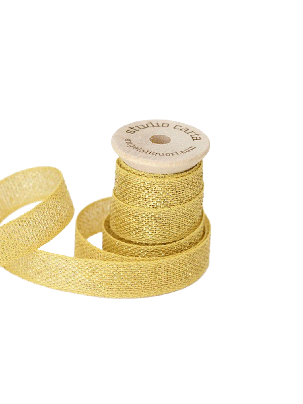Studio Carta Metallic Loose Weave Ribbon in Lemon/Gold wrapped around a wooden spool with ribbon unfurled | Twentyseven Toronto