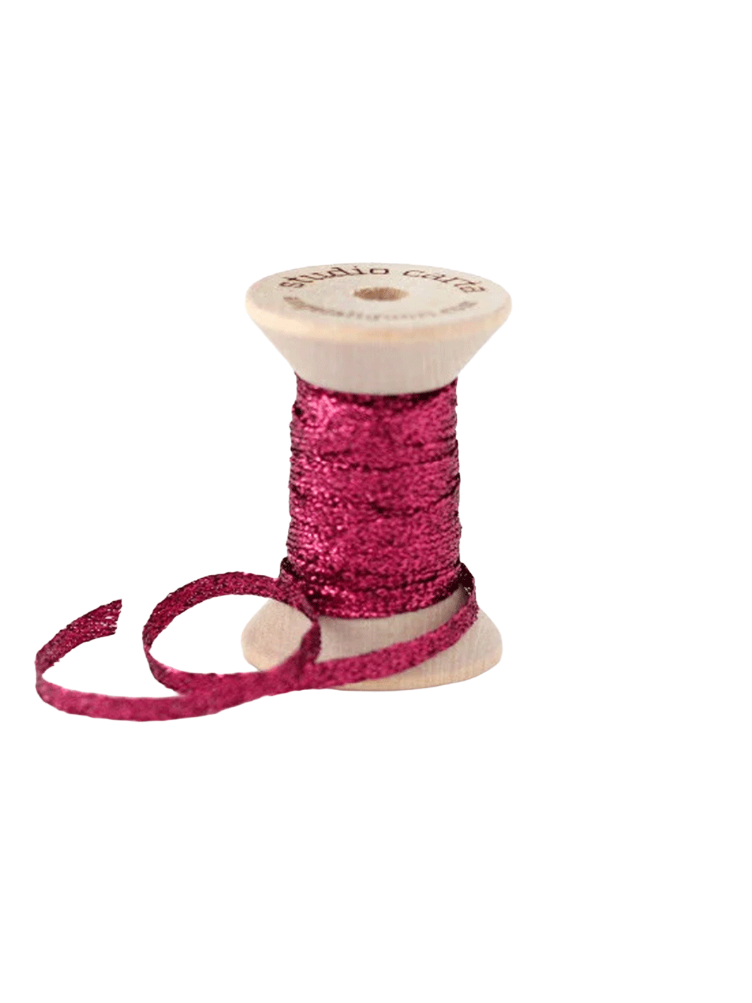 Studio Carta Metallic Braided Ribbon in Berry wrapped around a wooden spool with ribbon unfurled | Twentyseven Toronto