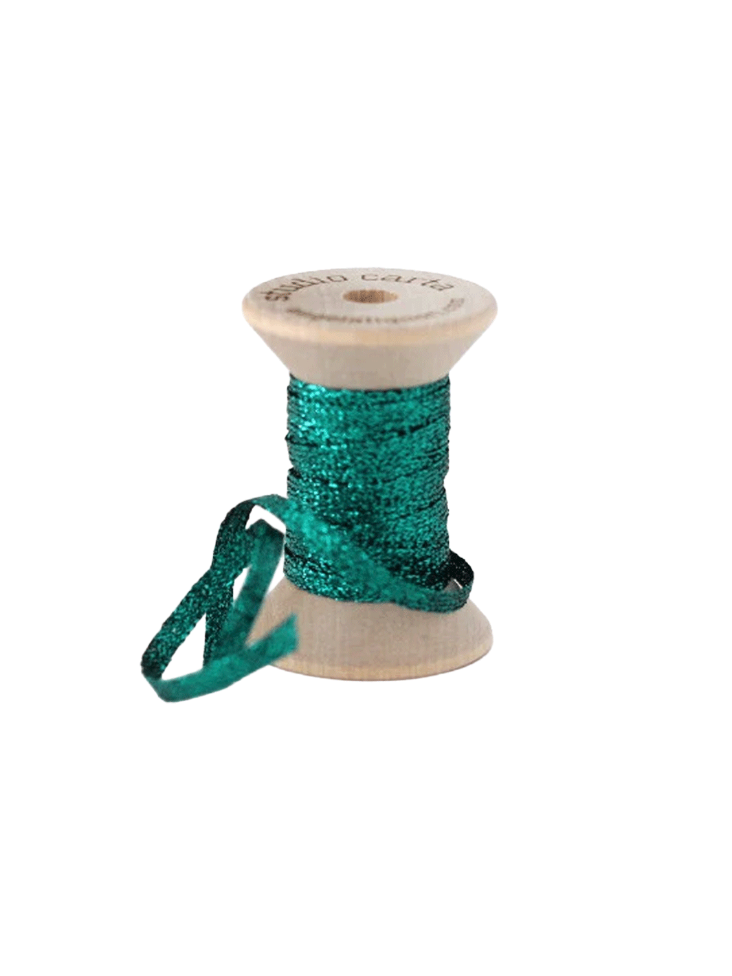 Studio Carta Metallic Braided Ribbon in Emerald wrapped around a wooden spool with ribbon unfurled | Twentyseven Toronto