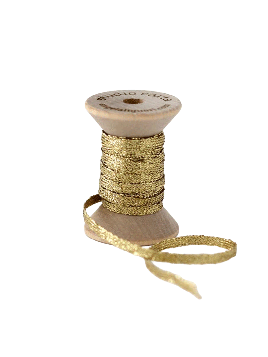 Studio Carta Metallic Braided Ribbon in Gold wrapped around a wooden spool with ribbon unfurled | Twentyseven Toronto