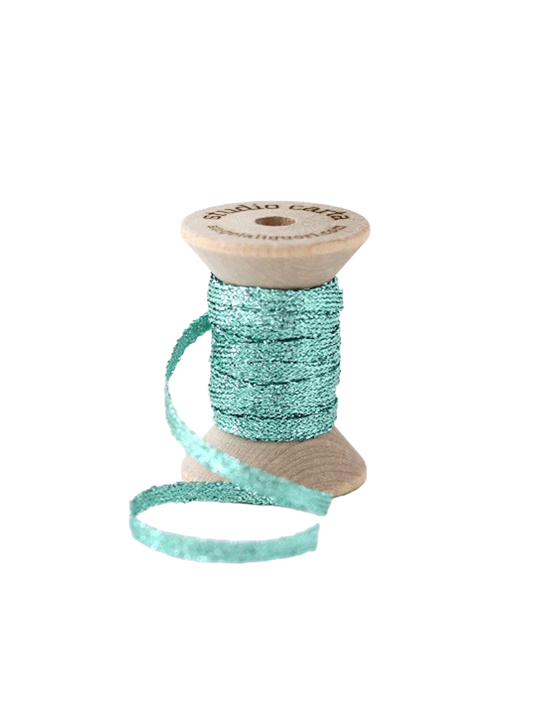 Studio Carta Metallic Braided Ribbon in Aquamarine wrapped around a wooden spool with ribbon unfurled | Twentyseven Toronto