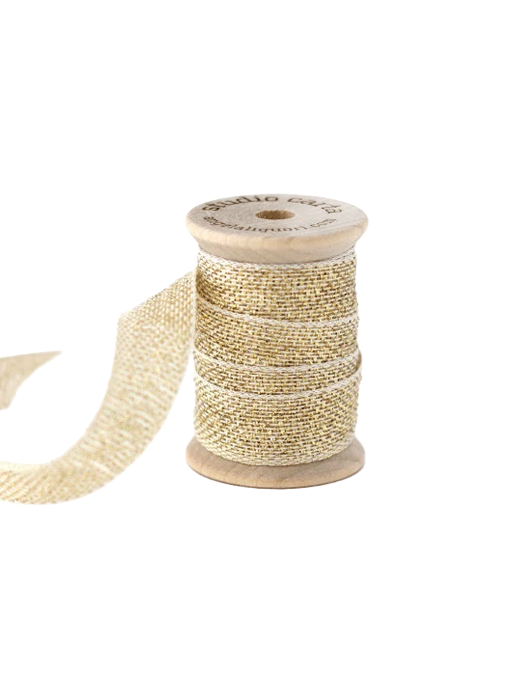 Studio Carta Metallic Loose Weave Ribbon in Natural//Gold wrapped around a wooden spool with ribbon unfurled | Twentyseven Toronto