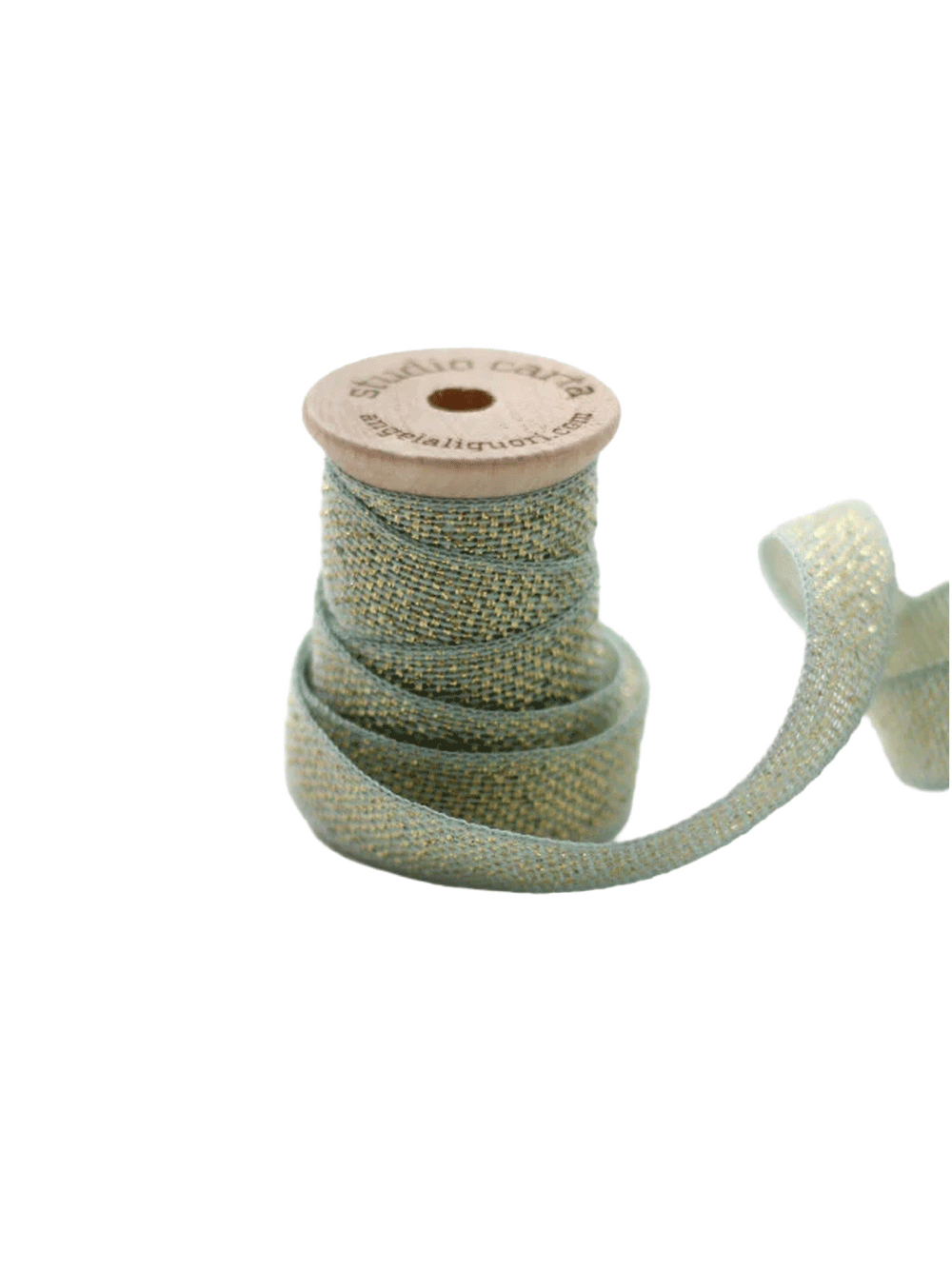 Studio Carta Metallic Loose Weave Ribbon in Pool/Gold wrapped around a wooden spool with ribbon unfurled | Twentyseven Toronto