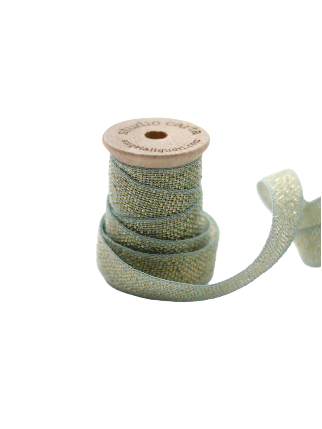 Studio Carta Metallic Loose Weave Ribbon in Pool/Gold wrapped around a wooden spool with ribbon unfurled | Twentyseven Toronto