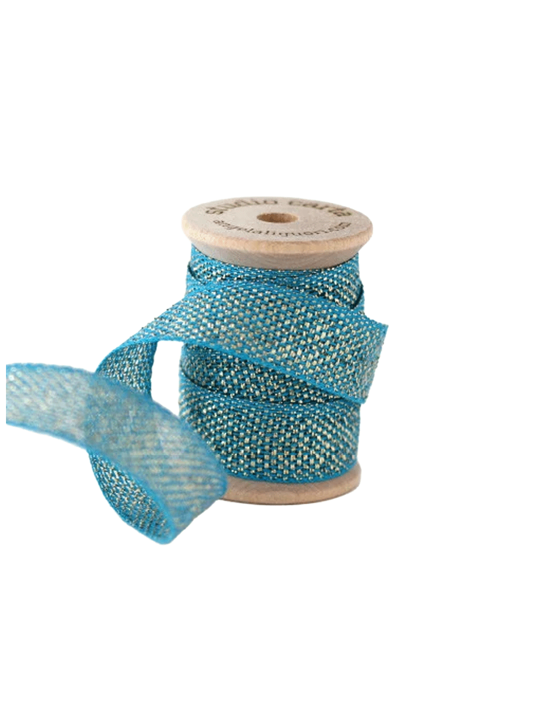 Studio Carta Metallic Loose Weave Ribbon in Peacock/Gold wrapped around a wooden spool with ribbon unfurled | Twentyseven Toronto
