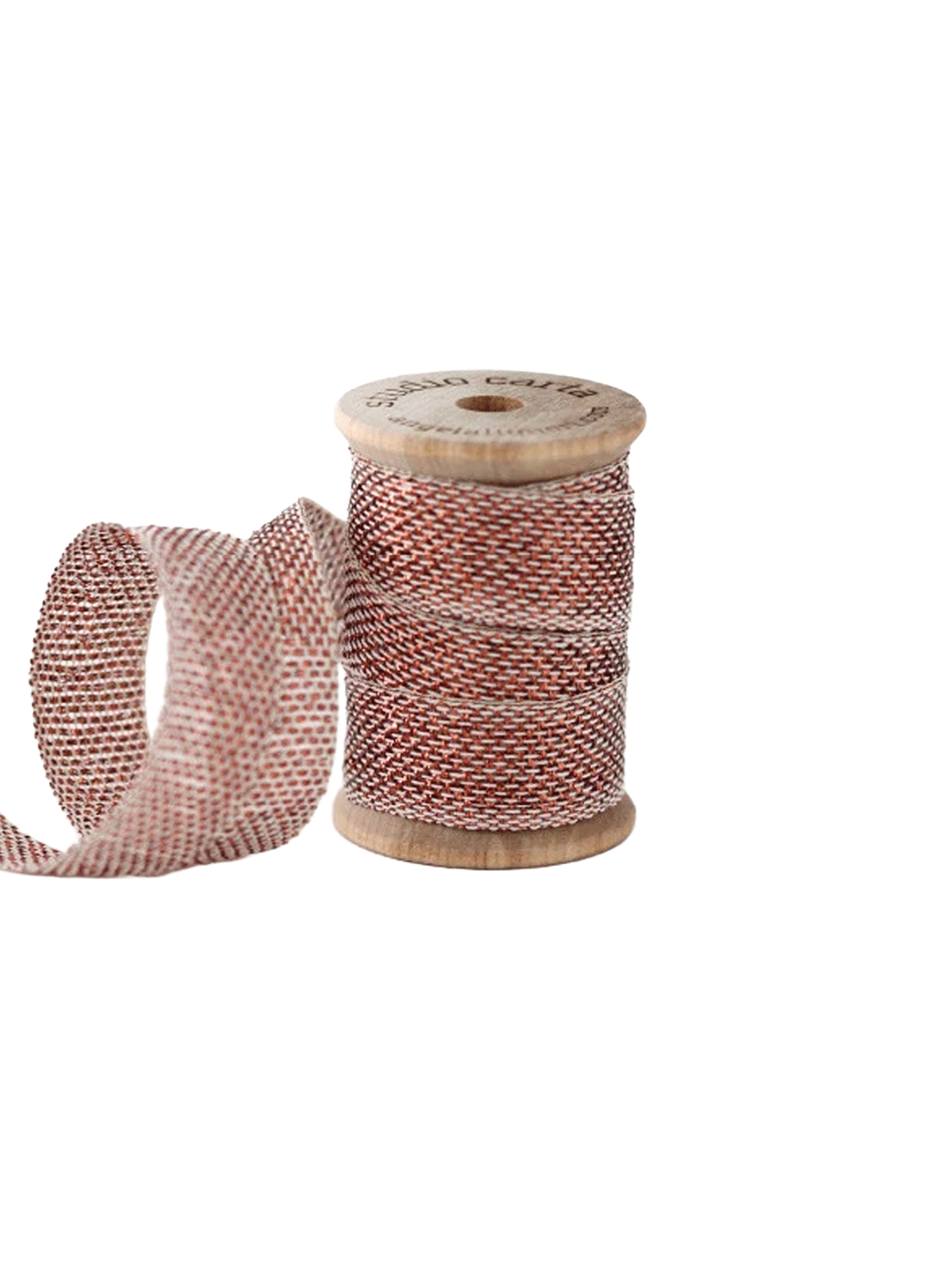 Studio Carta Metallic Loose Weave Ribbon in Natural/Copper wrapped around a wooden spool with ribbon unfurled | Twentyseven Toronto