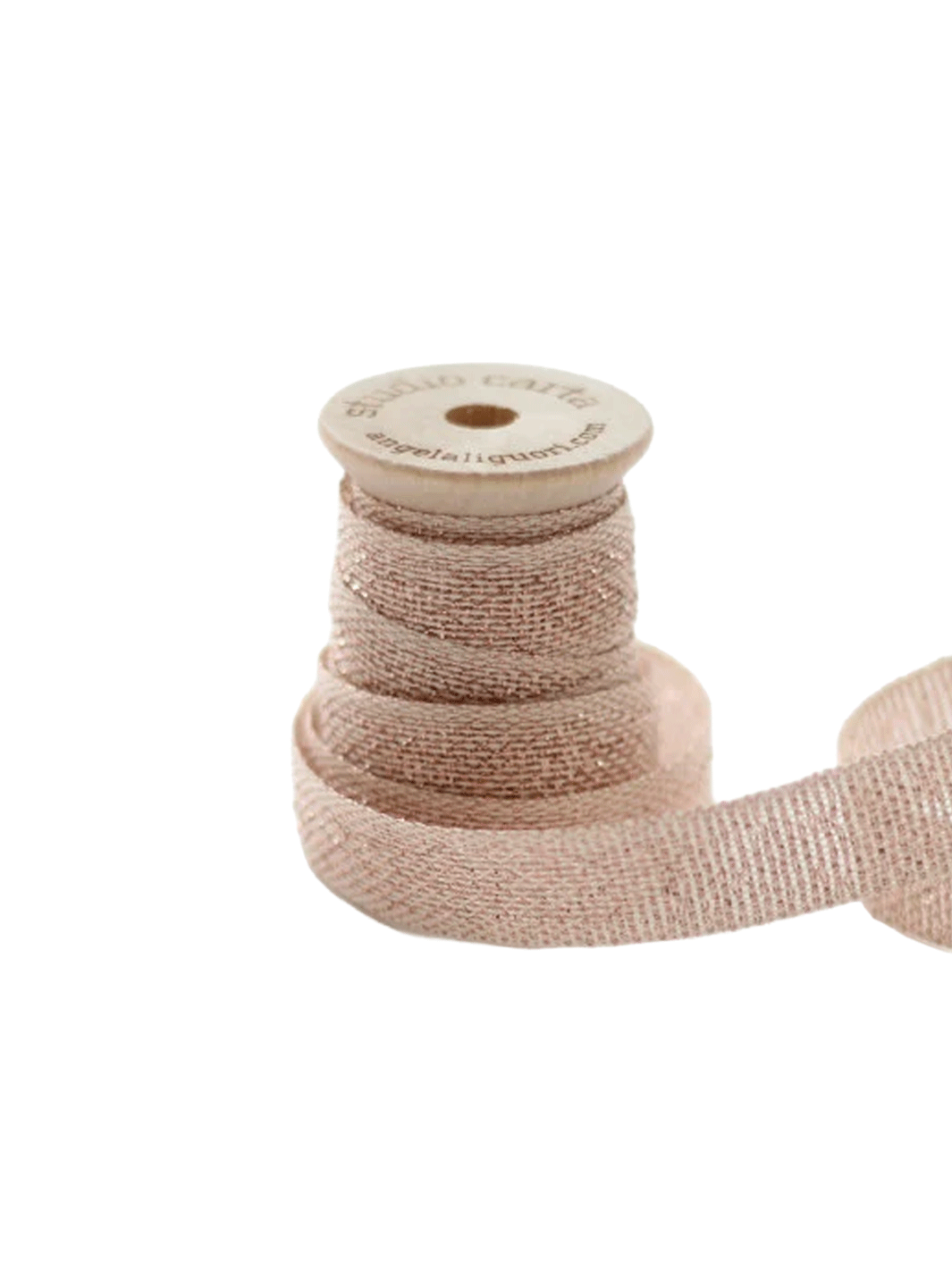 Studio Carta Metallic Loose Weave Ribbon in Natural/Rose Gold wrapped around a wooden spool with ribbon unfurled | Twentyseven Toronto