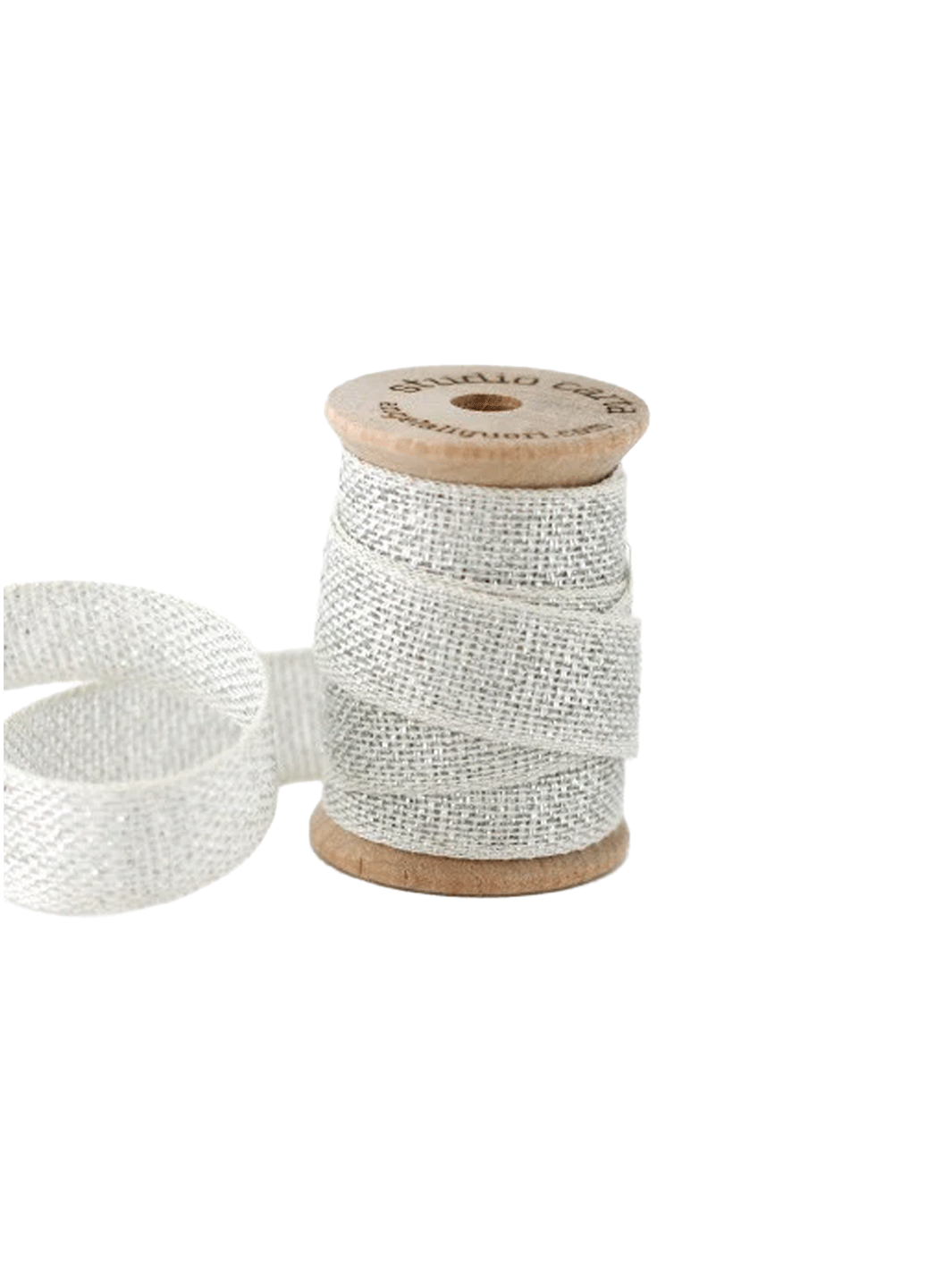 Studio Carta Metallic Loose Weave Ribbon in Natural/Silver wrapped around a wooden spool with ribbon unfurled | Twentyseven Toronto