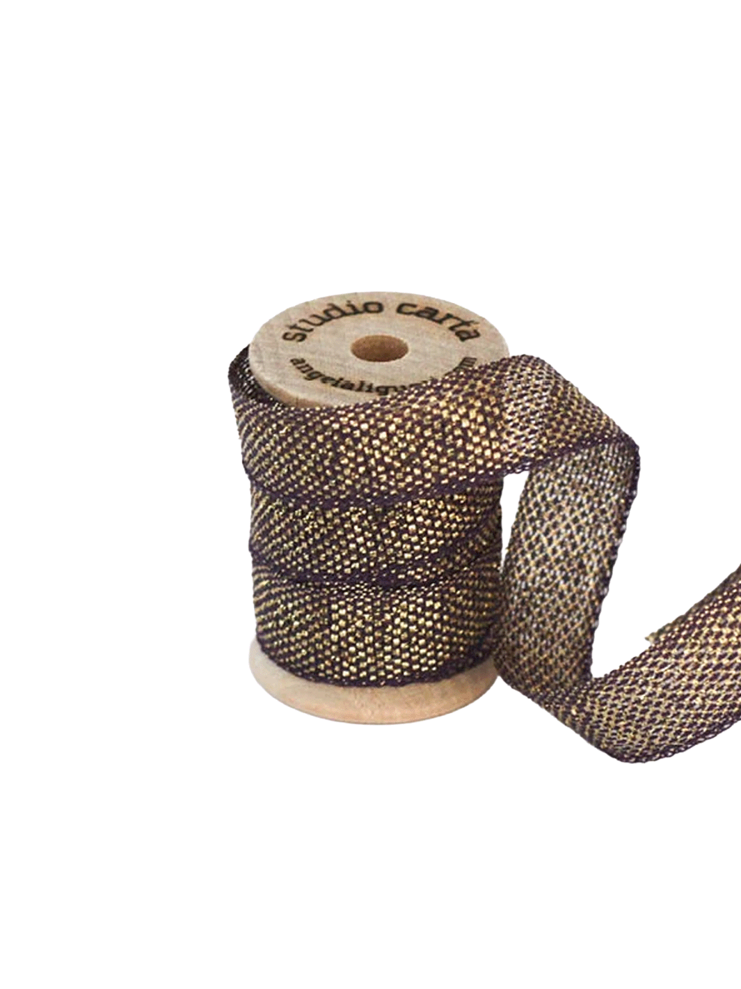 Studio Carta Metallic Loose Weave Ribbon in Plum/Gold wrapped around a wooden spool with ribbon unfurled | Twentyseven Toronto