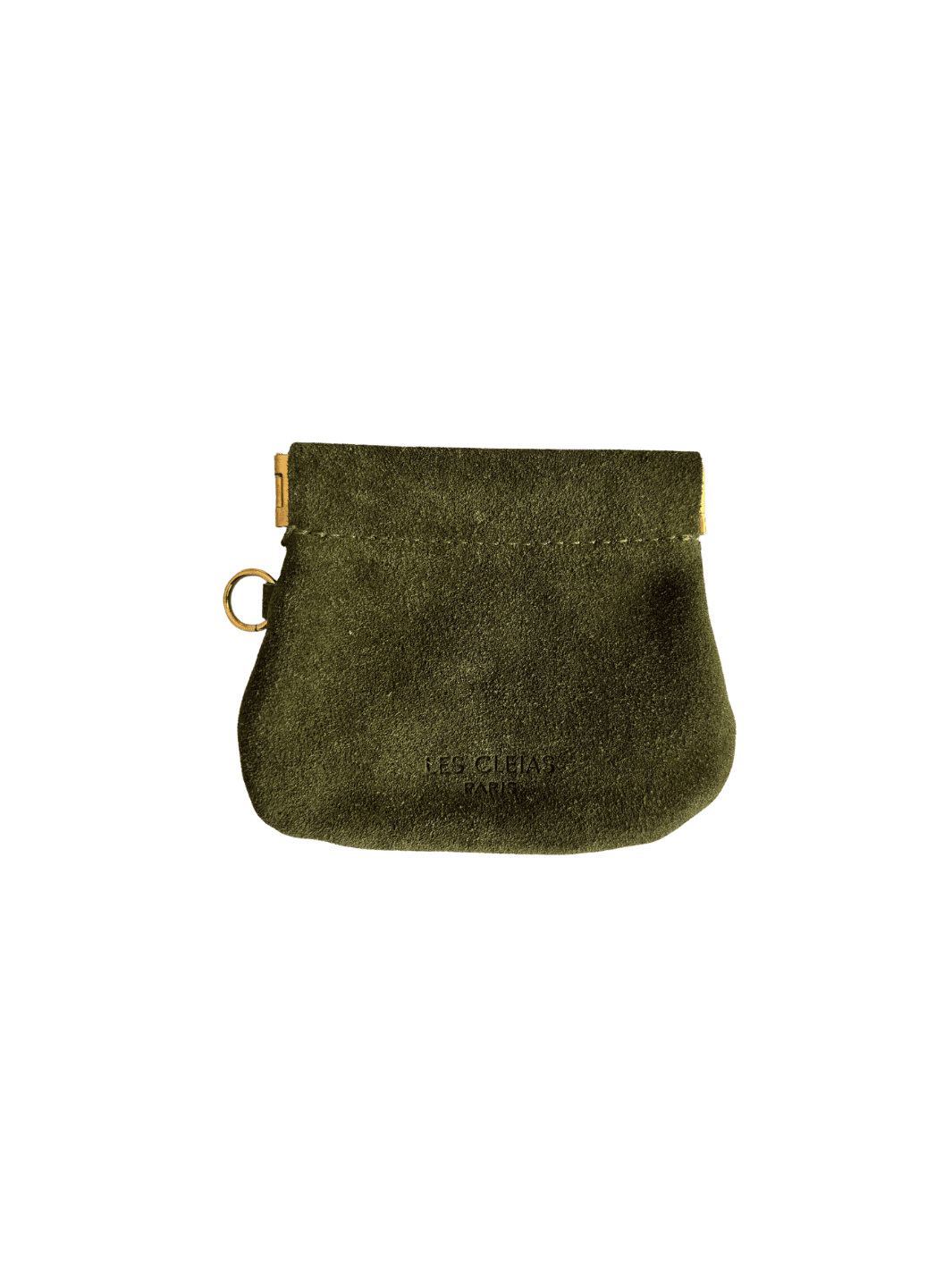 Dark green suede coin pouch in 'Forest Green' with gold holder on a transparent background | Twentyseven Toronto