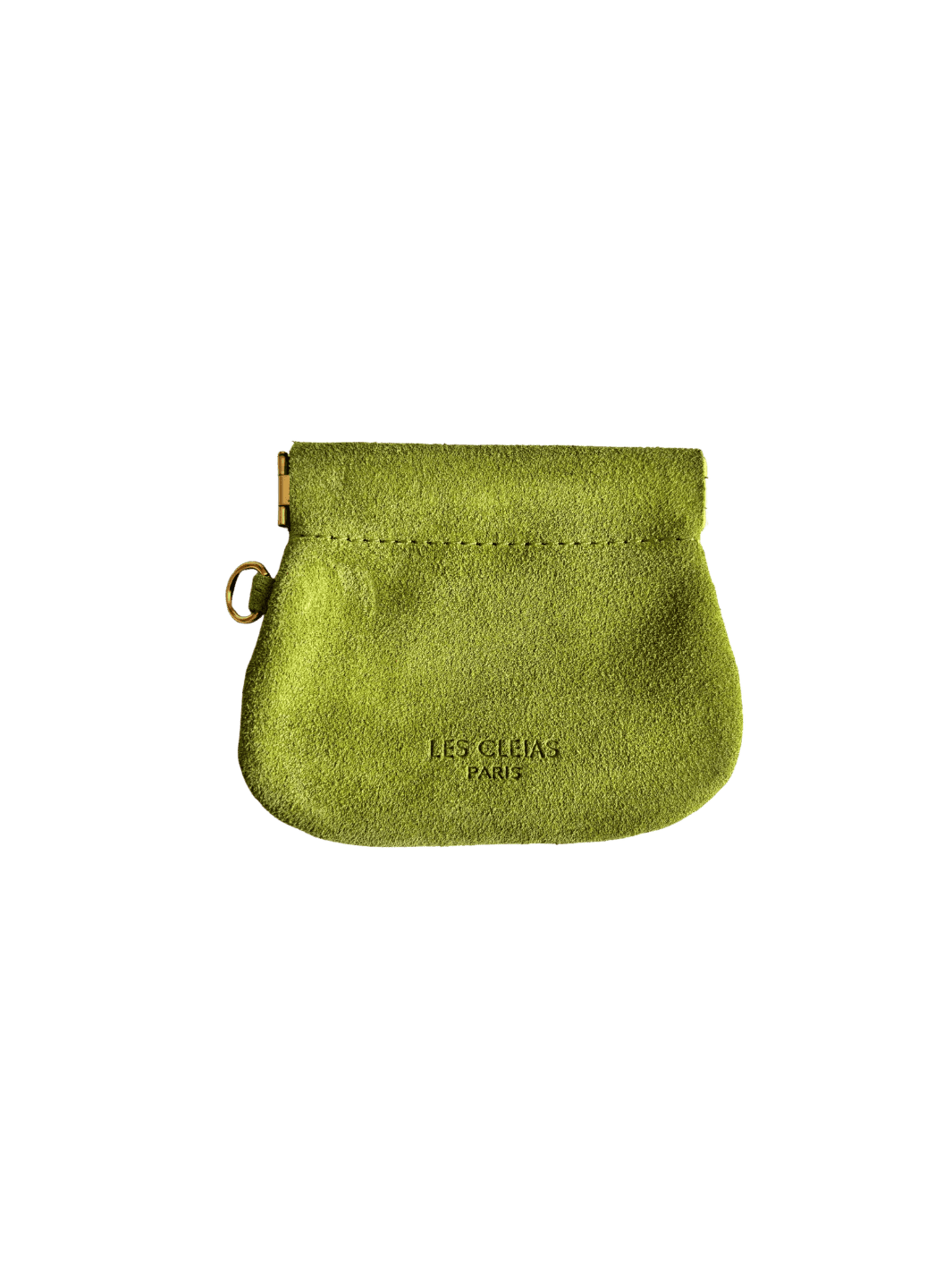 Olive green suede coin pouch with gold holder on a transparent background | Twentyseven Toronto