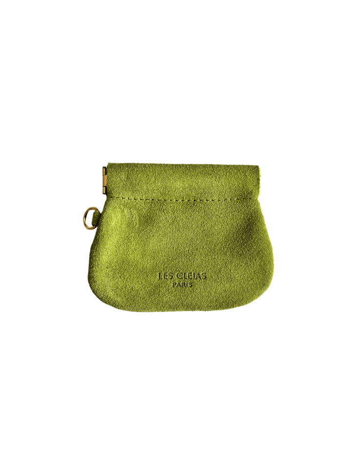 Olive green suede coin pouch with gold holder on a transparent background | Twentyseven Toronto